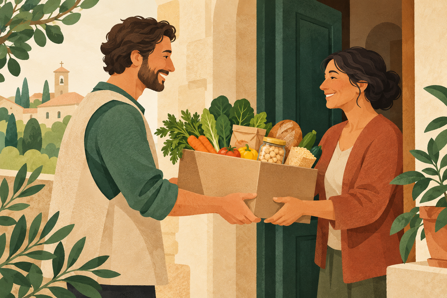 Illustrazione della consegna di una scatola di alimenti in un luogo accogliente