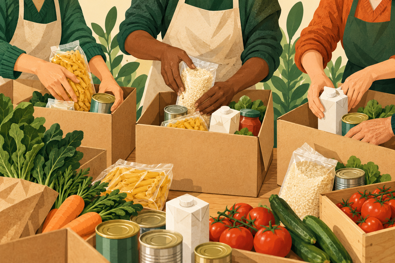 Illustrazione di mani che preparano scatole con generi alimentari